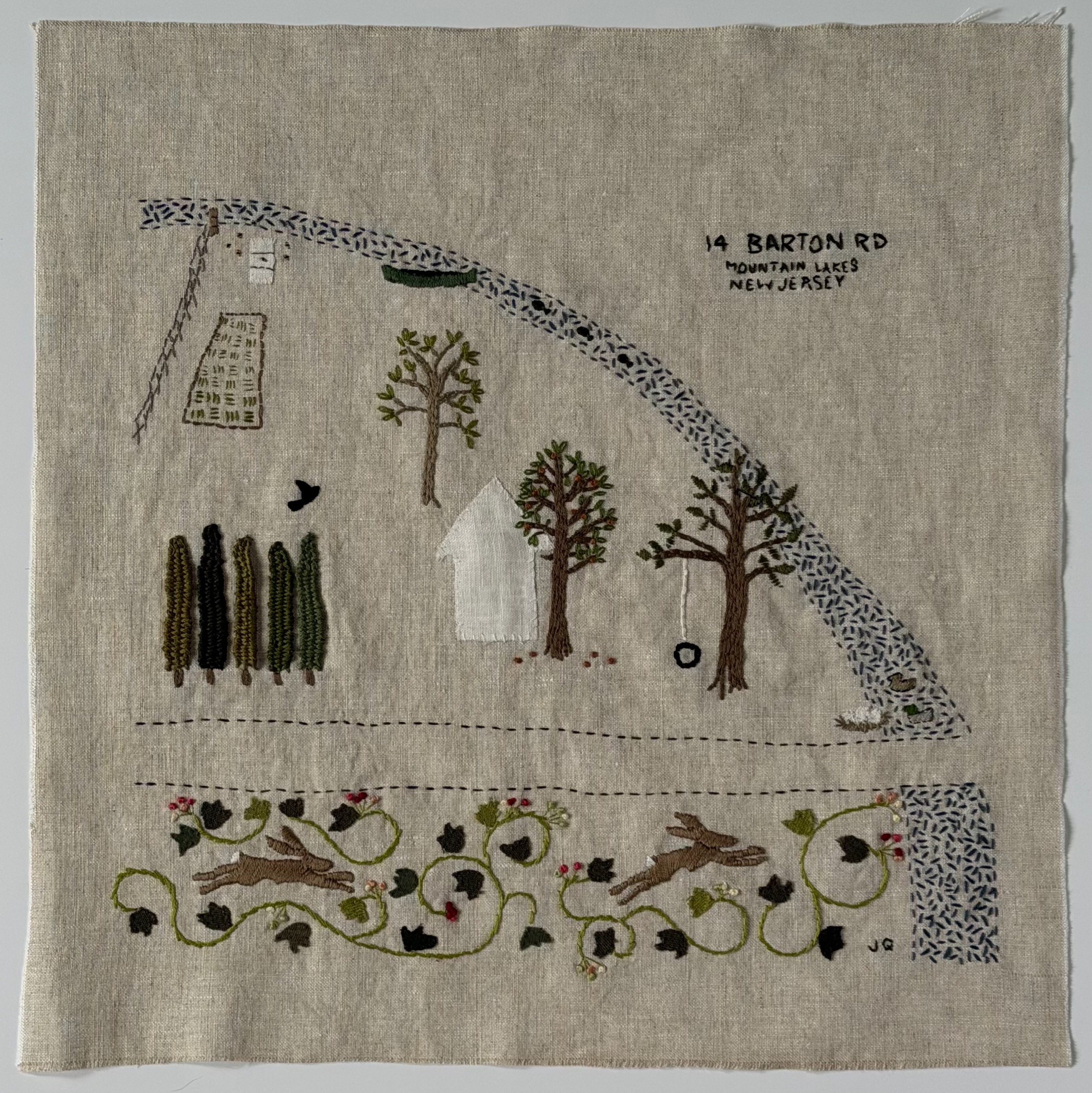 14 Barton Road — hand-stitched map of JQ's childhood yard