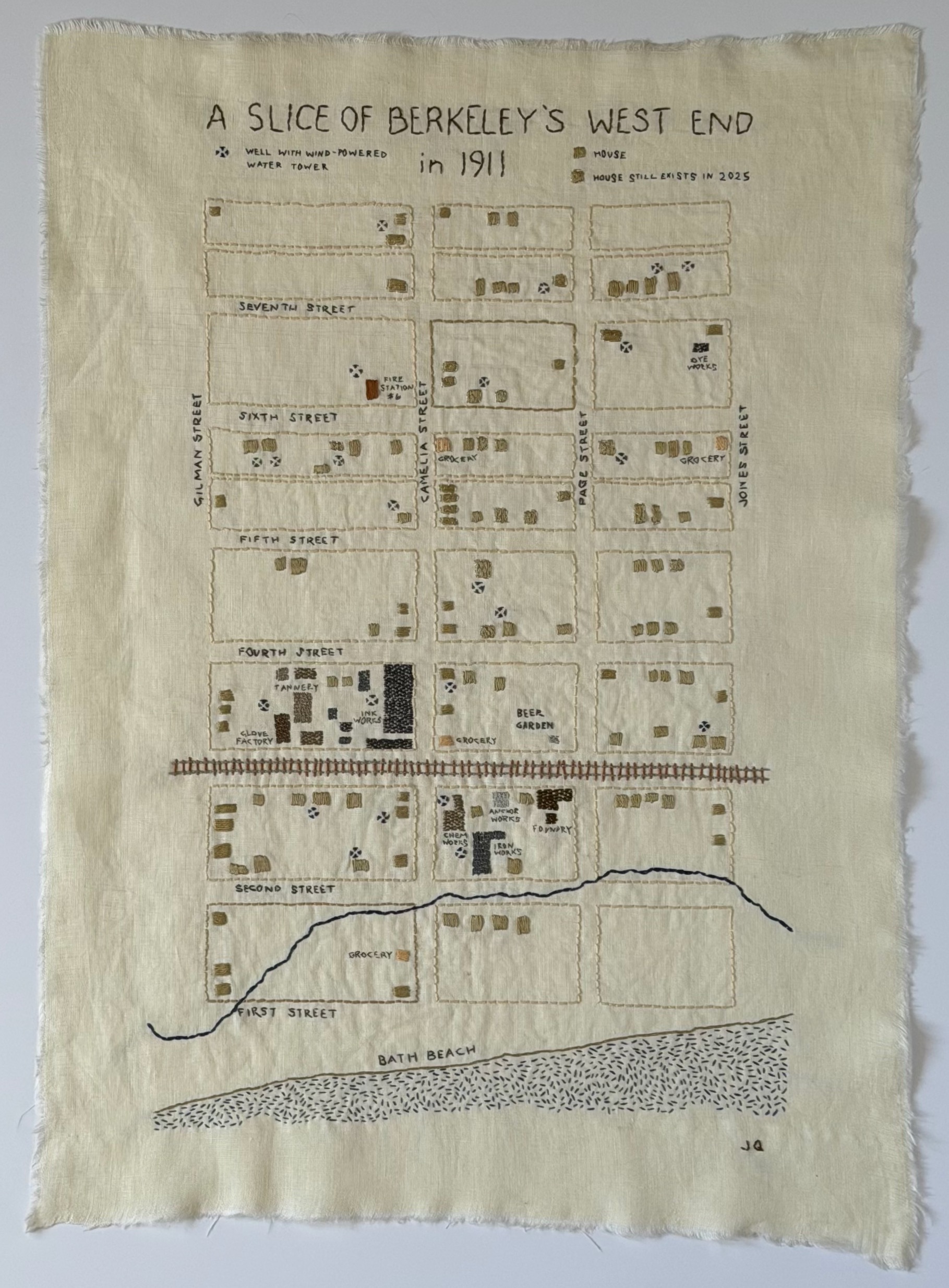A Slice of Berkeley's West End, c. 1911 — hand-stitched map